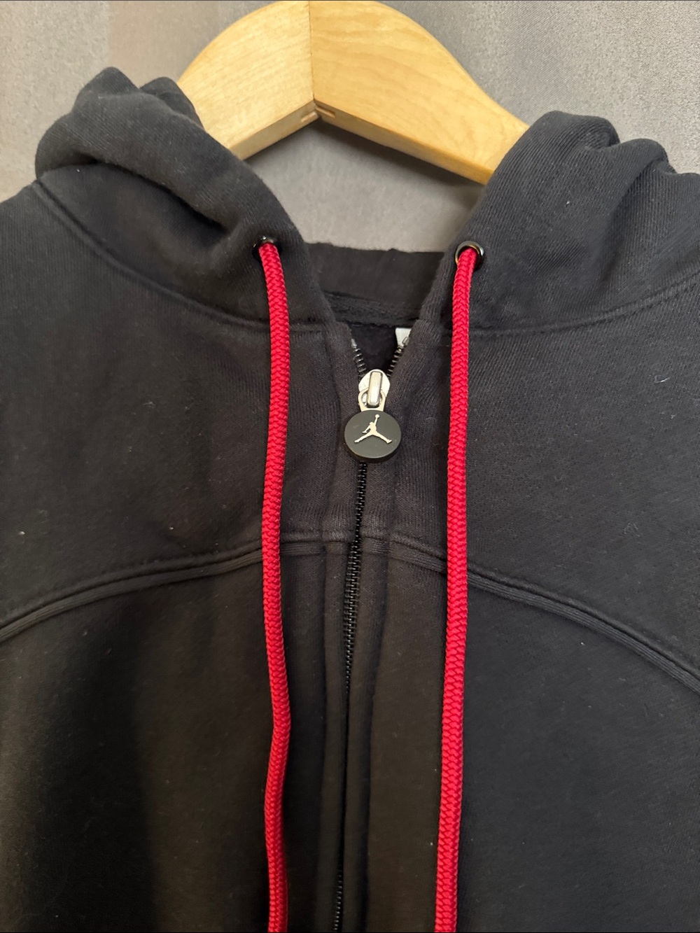 Jordan Black Zip Hoodie with Red Accent Logo and Drawstrings - Picture 3 of 4